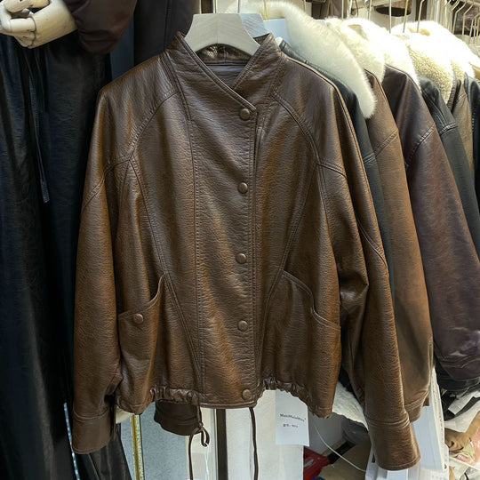 Damen Kurze Lederjacke mit strukturierter Narbung, Stehkragen und Tunnelzugbund Shop Nory