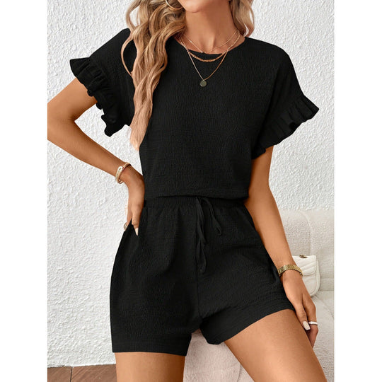 Damen Kurzarm-Overall mit Rüschendetails und Bindegürtel