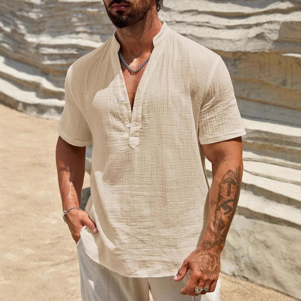 Herren Kurzarm Henley Hemd mit modernem Stehkragen aus leichtem Baumwollmaterial