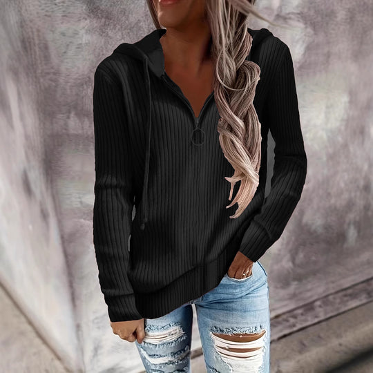 Damen Lässiger Rippstrick-Hoodie mit halbhohem Reißverschluss und Ringzipper Shop Nory