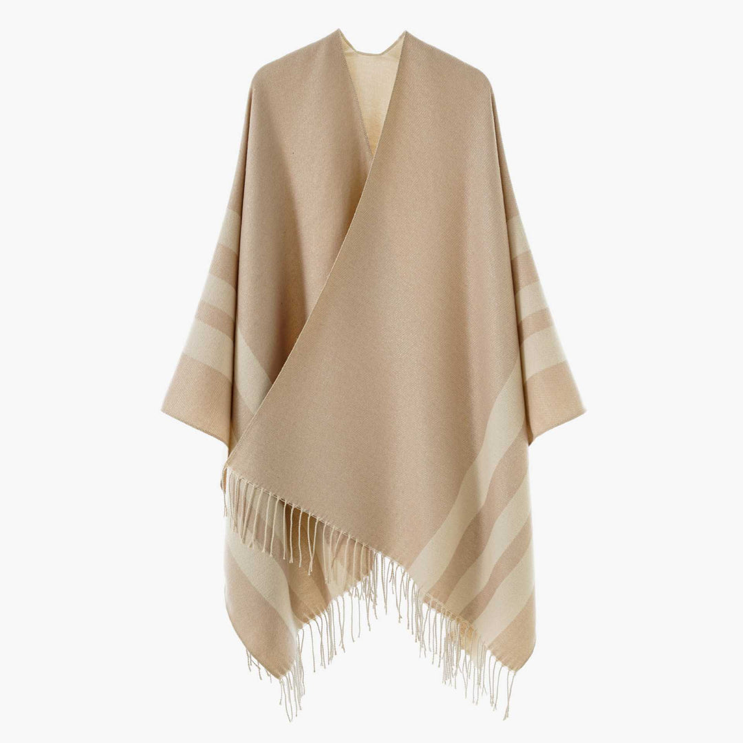 Damen Wendbarer Strickcape-Poncho mit Fransen und kontrastierenden Streifen Shop Nory