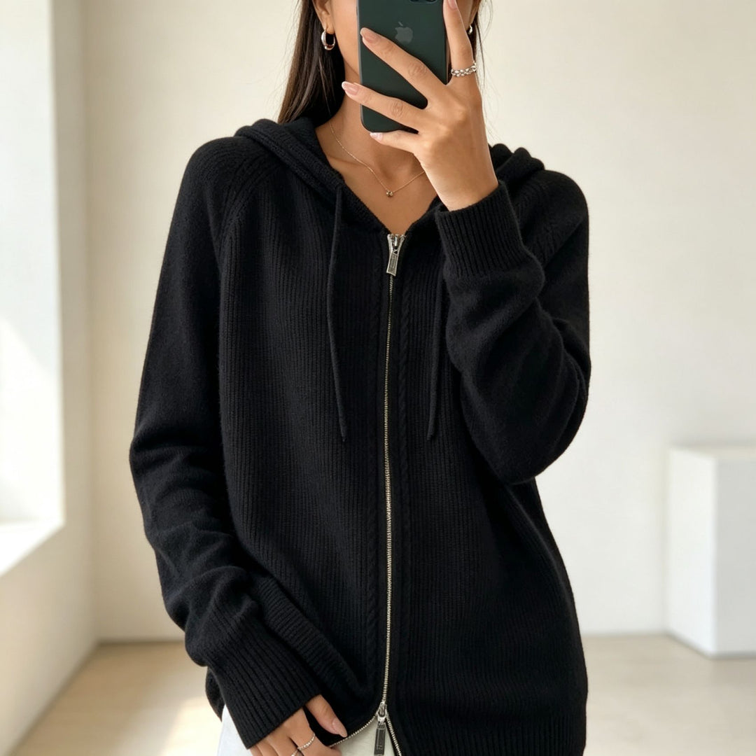 Damen Kapuzen-Cardigan mit Reißverschluss, feinem Feinstrick und gerippten Bündchen Shop Nory