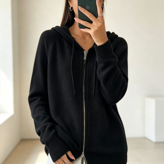 Damen Kapuzen-Cardigan mit Reißverschluss, feinem Feinstrick und gerippten Bündchen Shop Nory