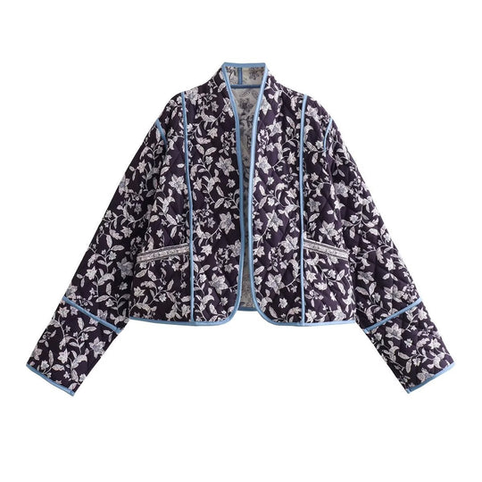 Damen Gestepptes Cropped-Steppjacke mit floralem Allovermuster und kontrastierender Paspelierung Shop Nory