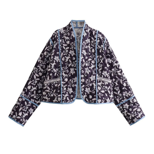 Damen Gestepptes Cropped-Steppjacke mit floralem Allovermuster und kontrastierender Paspelierung Shop Nory