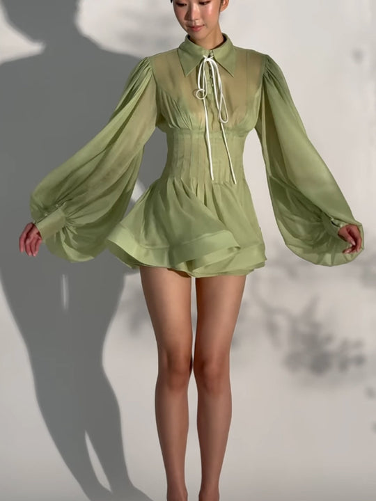 Damen Transparentes Chiffon-Minikleid mit Korsagenoptik, Puffärmeln und ausgestelltem Rock Shop Nory