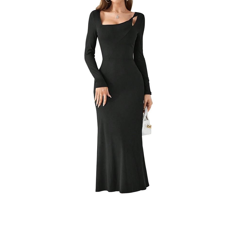 Damen figurbetontes Maxikleid mit asymmetrischem Ausschnitt und langen Ärmeln Shop Nory