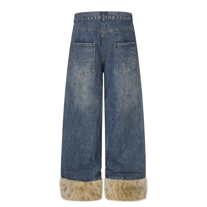 Damen Weite Denim-Palazzo-Jeans mit Fellbündchen und Nieten Shop Nory