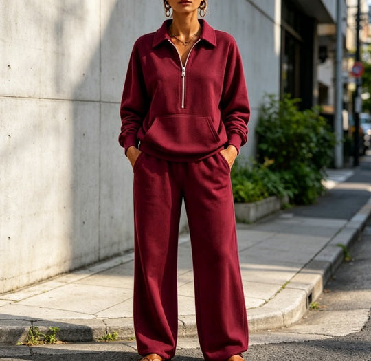 Damen Lässiges Sweat-Set mit Halbzip-Pullover und weiter Jogginghose Shop Nory