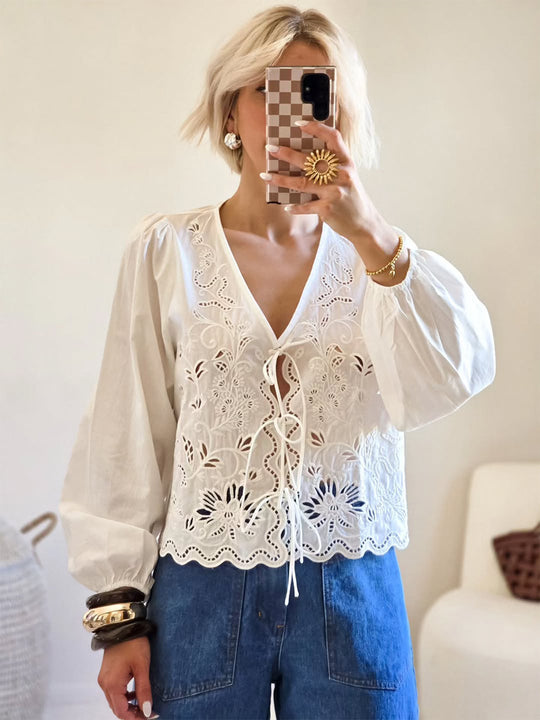 Damen Leichte Broderie-Anglaise-Spitzenbluse mit V-Ausschnitt, Bindeband und Ballonärmeln Shop Nory