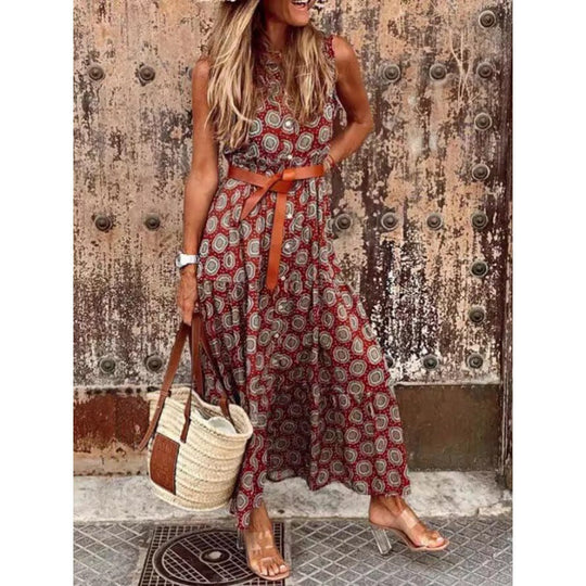 Damen Bohemian Maxi Kleid mit verstellbarem Gürtel