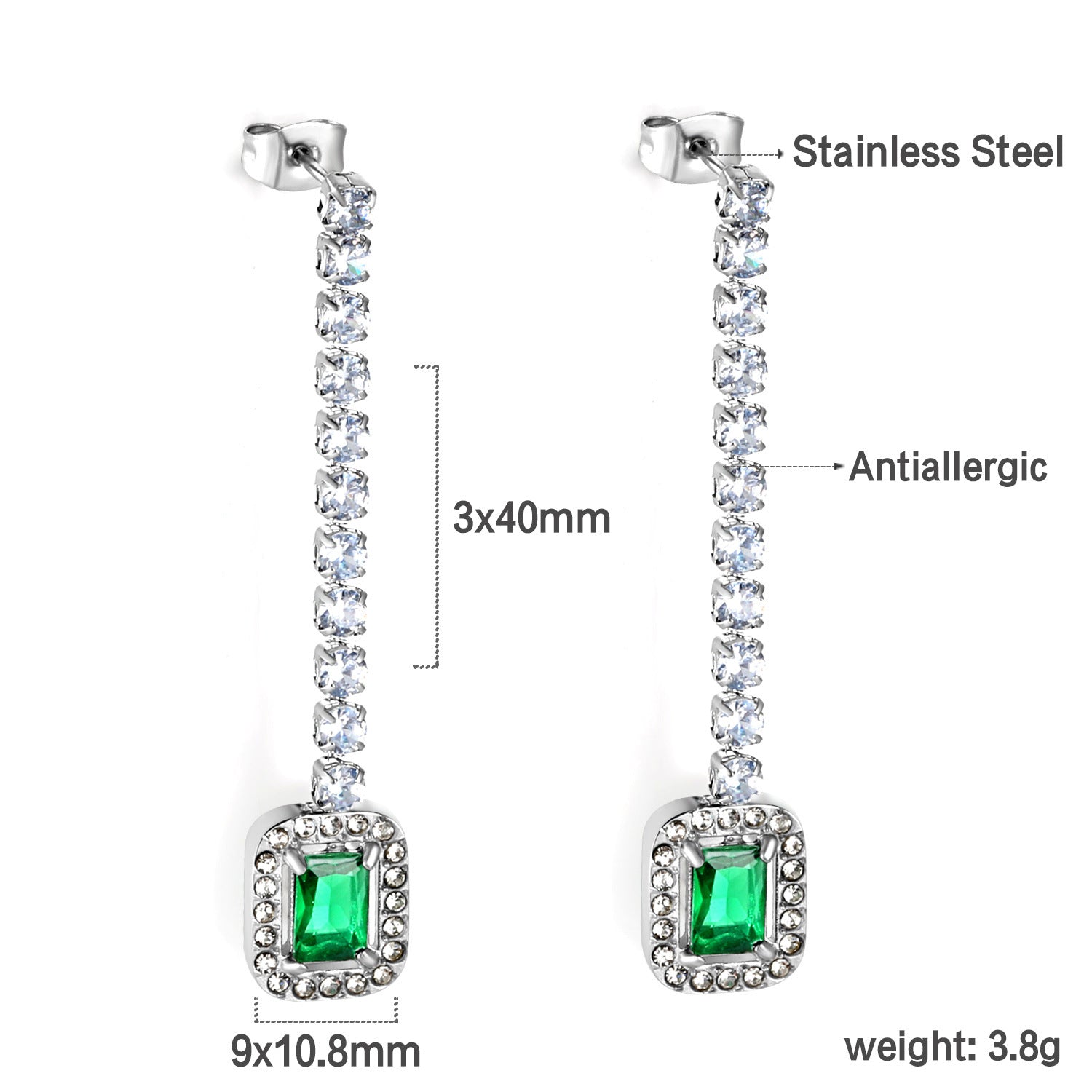 Damen Hängende Ohrstecker mit funkelnden Zirkonia und grünem Kristallanhänger Shop Nory