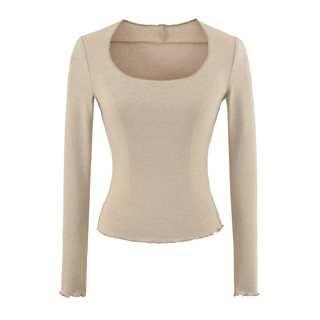 Damen Figurbetontes Langarm-Feinstrickshirt mit quadratischem Ausschnitt und Wellensaum Shop Nory