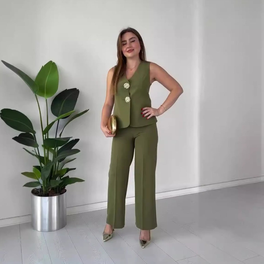 Damen Ärmelloses Tailoring-Set mit taillierter Weste, Zierknöpfen und weiter Palazzo-Hose Shop Nory