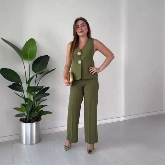 Damen Ärmelloses Tailoring-Set mit taillierter Weste, Zierknöpfen und weiter Palazzo-Hose Shop Nory
