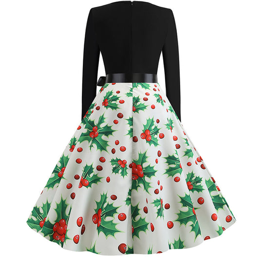 Damen Festliches A‑Linien Tellerrockkleid mit langem Arm, taillierter Passform und Stechpalmenprint Shop Nory