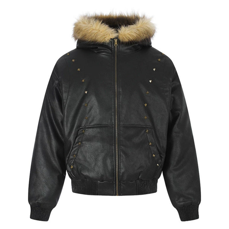 Damen Kunstleder-Bomberjacke mit Kapuze, Kunstfellbesatz und dekorativen Nieten Shop Nory