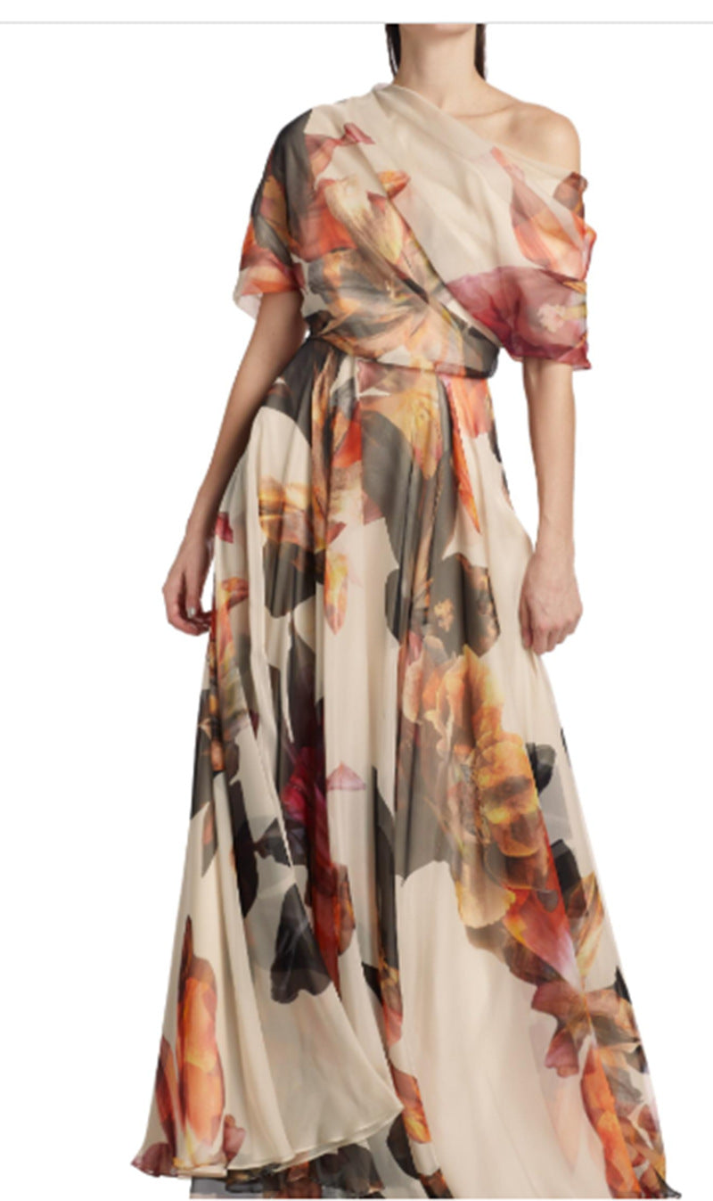 Damen elegantes Chiffon-Kleid mit schulterfreiem Design und floralem Muster