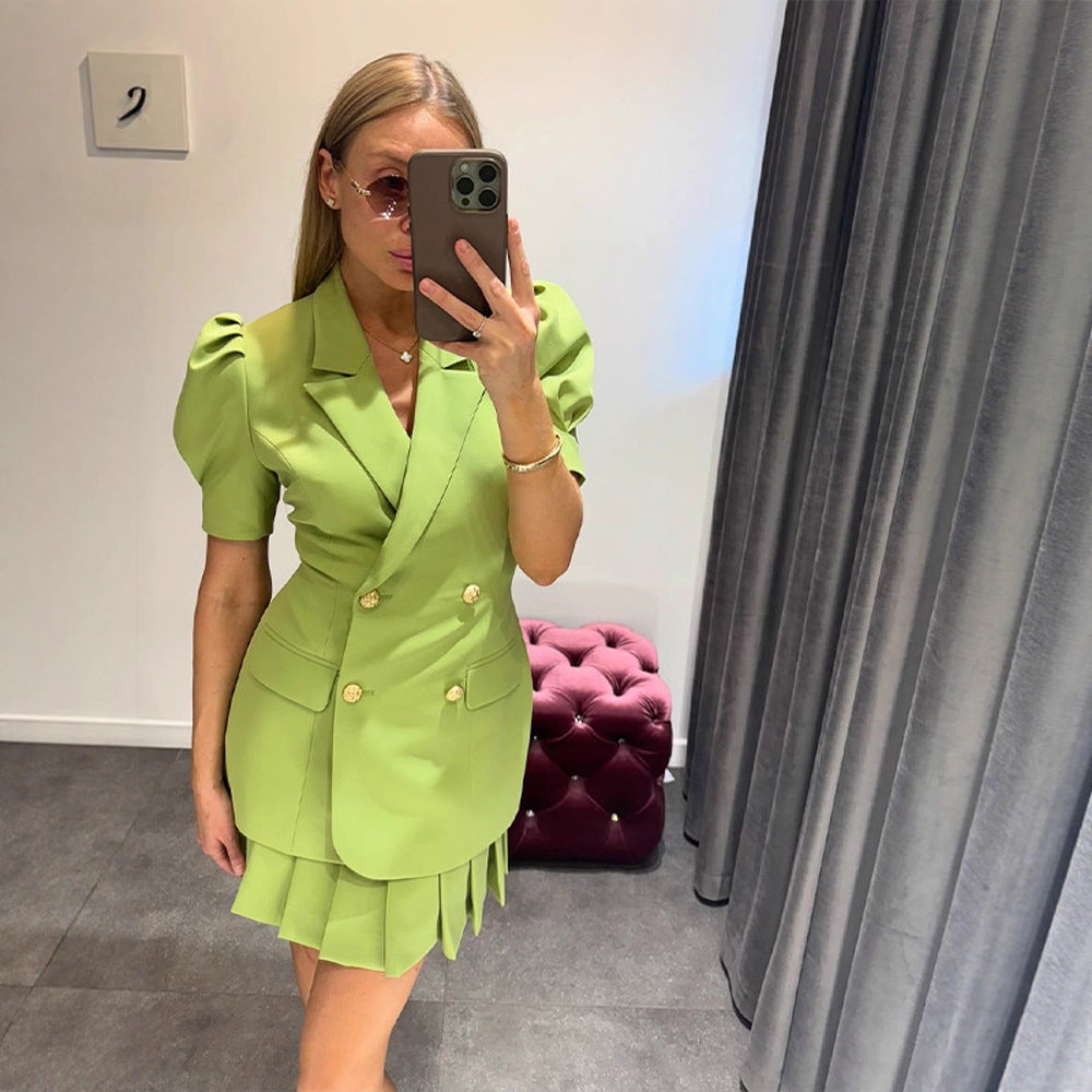 Damen Doppelreihiges Blazerkleid mit Puffärmeln und plissiertem Saum Shop Nory