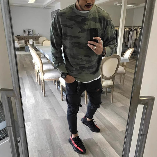 Herren Oversized Camouflage-Sweatshirt mit Rundhalsausschnitt und Rippbündchen Shop Nory