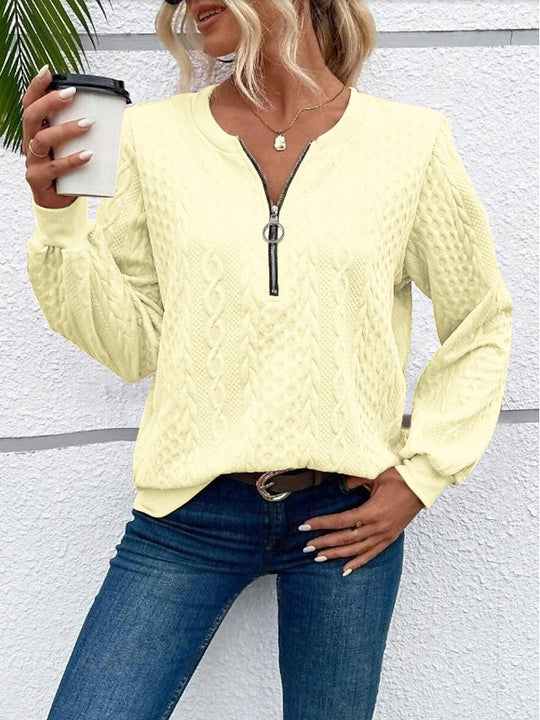 Damen grob strukturiertes Strickpullover mit Kabelmuster, halber Reißverschluss und Ballonärmel Shop Nory
