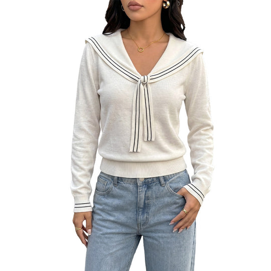 Damen Maritimer Strickpullover mit Matrosenkragen und Zierknoten Shop Nory