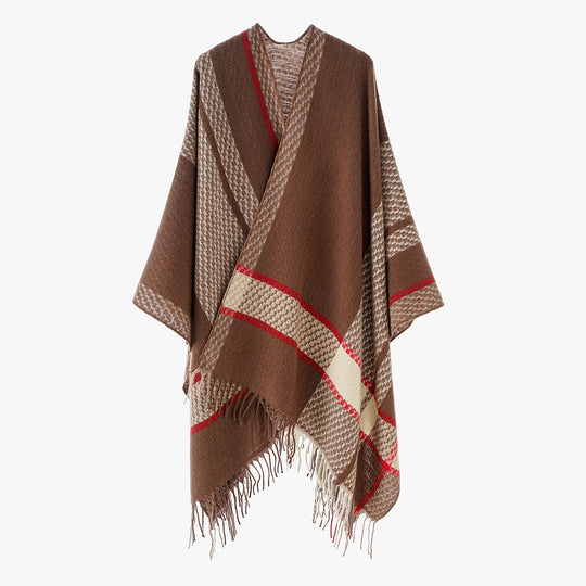 Damen Oversize Capeponcho aus Wollmix mit Karomuster und Fransensaum Shop Nory