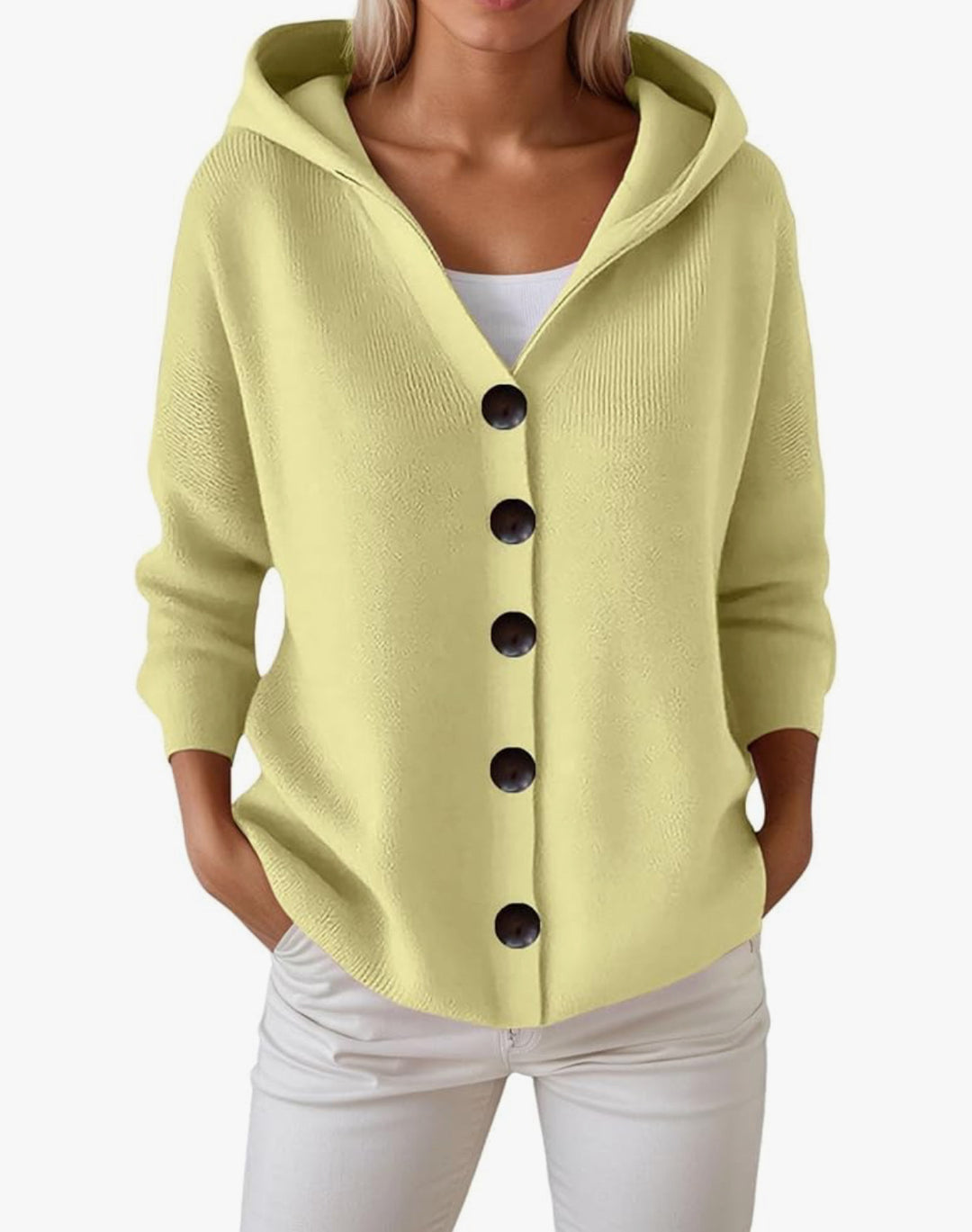 Damen Kapuzen-Strickjacke mit großen Holzknöpfen und seitlichen Eingrifftaschen Shop Nory