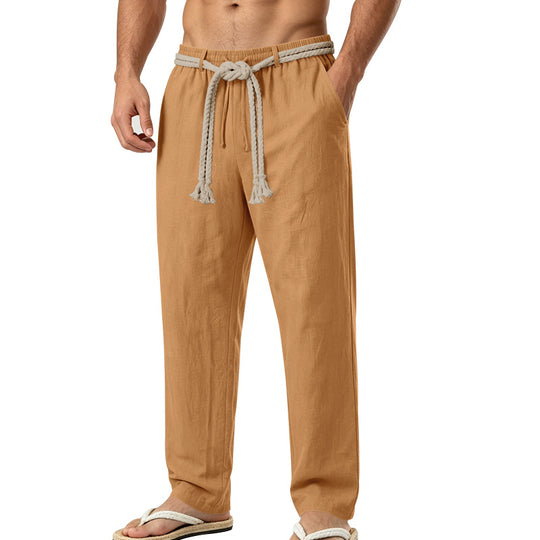 Herren lässige Leinen-Loungehose mit elastischem Bund, dekorativem Seilgürtel und Seitentaschen Shop Nory