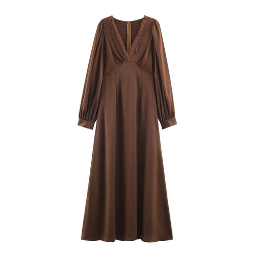 Damen Elegantes Satin-Maxikleid mit V-Ausschnitt und Spitzenbesatz Shop Nory