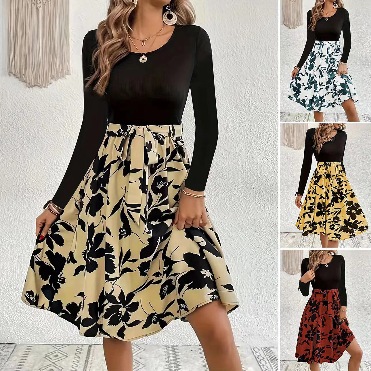 Damen Elegantes Midikleid mit floralem Print und gesmoktem Oberteil