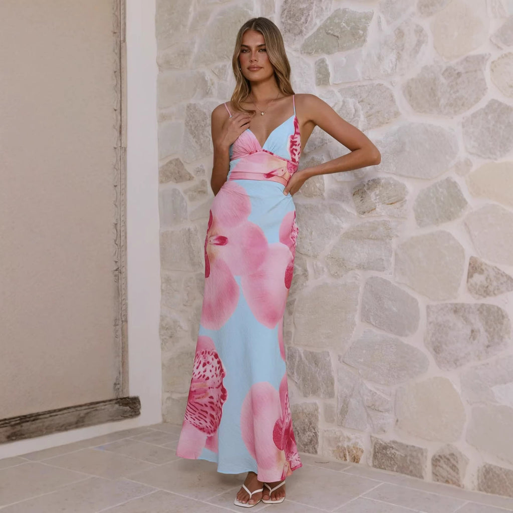 Damen Maxikleid mit floralem Design und raffinierten Rüschendetails