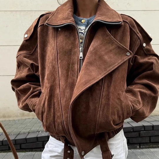 Damen Oversized Kunstwildleder‑Fliegerjacke mit Taillenriemen, Schulterpatten und Stehkragen Shop Nory