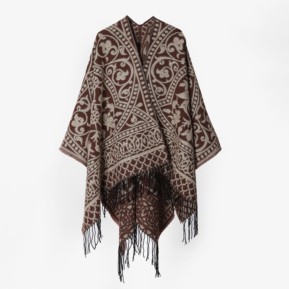Damen Grobgewebter Rechteck‑Poncho mit orientalischem Medaillon‑Jacquard und dekorativem Fransensaum Shop Nory