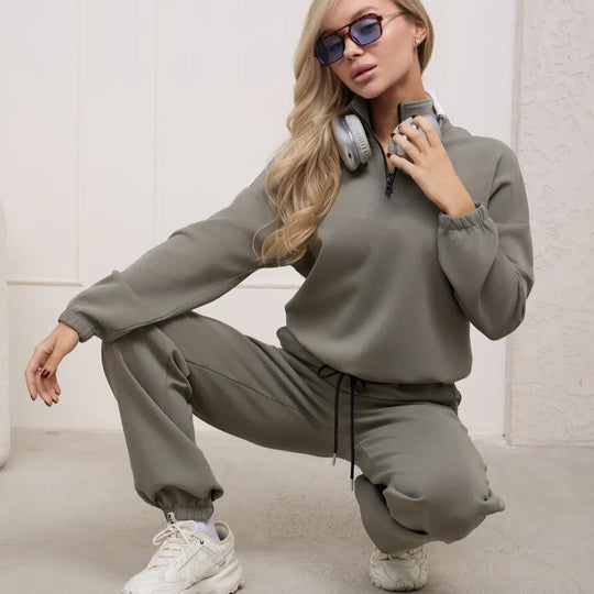 Damen weiches Lounge-Set mit halbem Reißverschluss, Kordelzughose und elastischen Bündchen Shop Nory