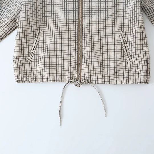 Damen Leichte Kapuzen-Boxy-Übergangsjacke mit Karo-Gitterprint, Tunnelzug und Elastikbündchen Shop Nory