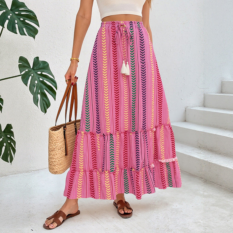 Damen Langer Stufen-Maxi-Rock mit Ethno-Streifen und Kordelbund Shop Nory