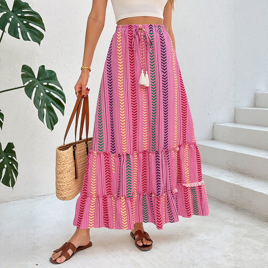 Damen Langer Stufen-Maxi-Rock mit Ethno-Streifen und Kordelbund Shop Nory