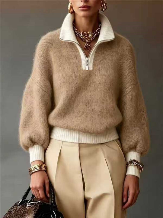 Damen Flauschiger Pullover mit halbem Reißverschluss, Stehkragen und Ballonärmeln Shop Nory