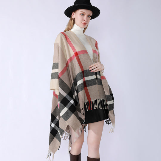 Damen Oversize-Poncho im Kaschmir‑Touch mit V‑Ausschnitt und Fransensaum Shop Nory
