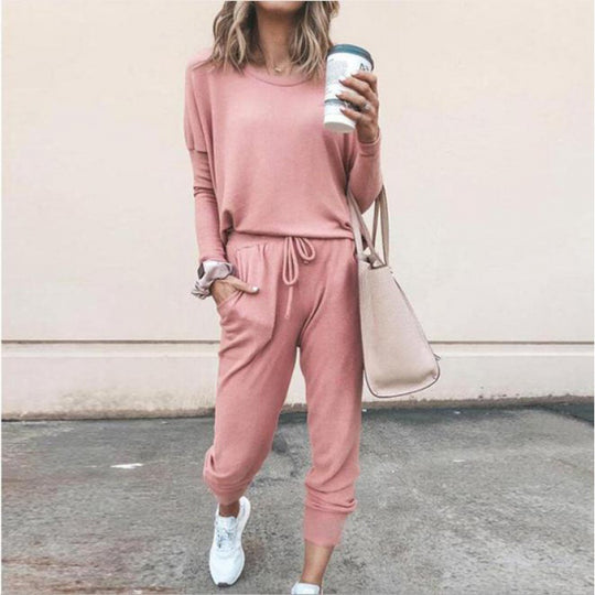 Damen Lässiges Lounge-Set mit Rundhalsausschnitt, Kordelzug-Hose und Bündchen Shop Nory