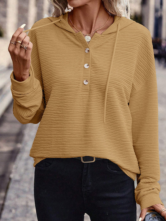 Damen Lässiges strukturiertes Kapuzen-Henley-Shirt mit Knopfleiste und Oversize-Schnitt Shop Nory