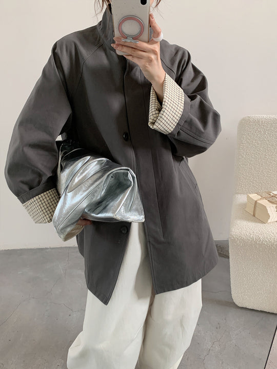 Damen Oversize-Mantel mit Stehkragen und kariertem Ärmelsaum Shop Nory