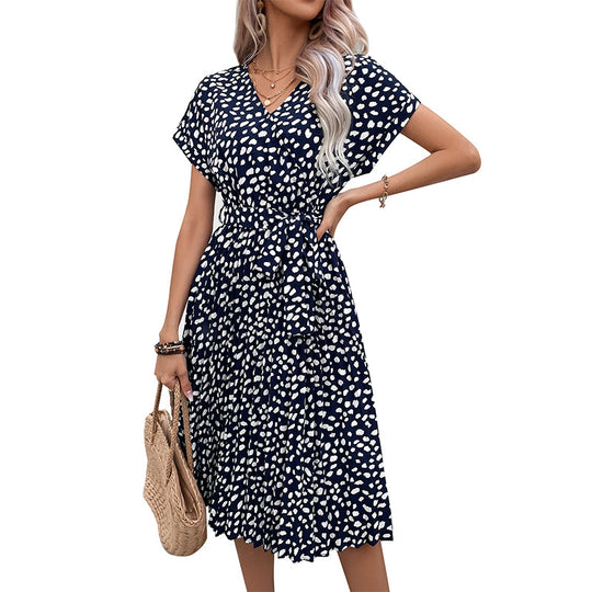 Damen Knitterfreies Taillenkleid mit V-Ausschnitt, Bindegürtel und stufigem Volantrock Shop Nory