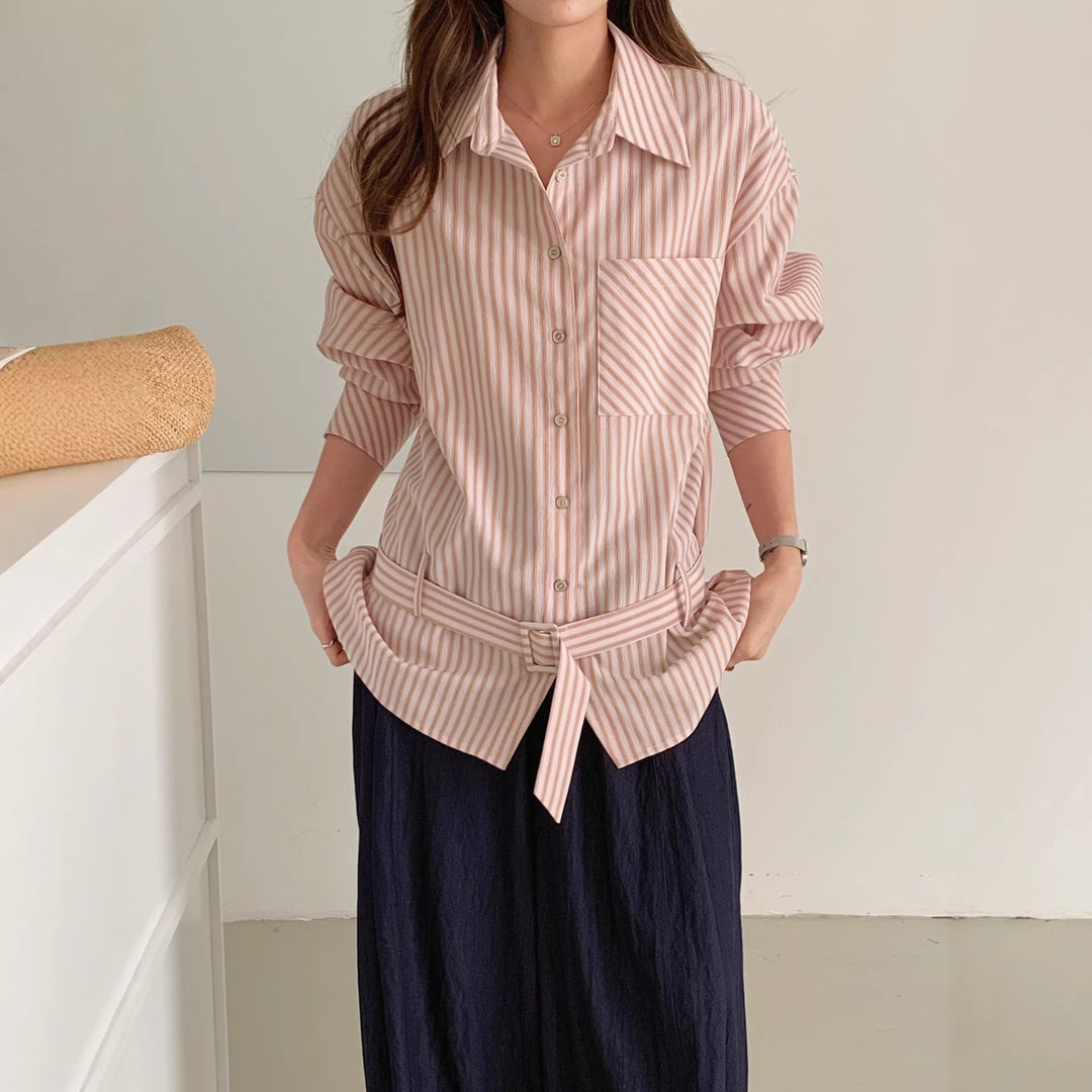 Damen Elegante gestreifte Bluse mit Gürtel Shop Nory