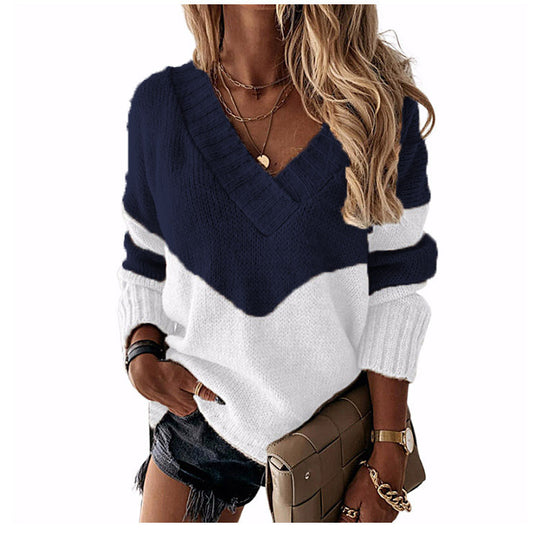 Damen V‑Ausschnitt Strickpullover mit Leo‑Print und Colorblock‑Design Shop Nory