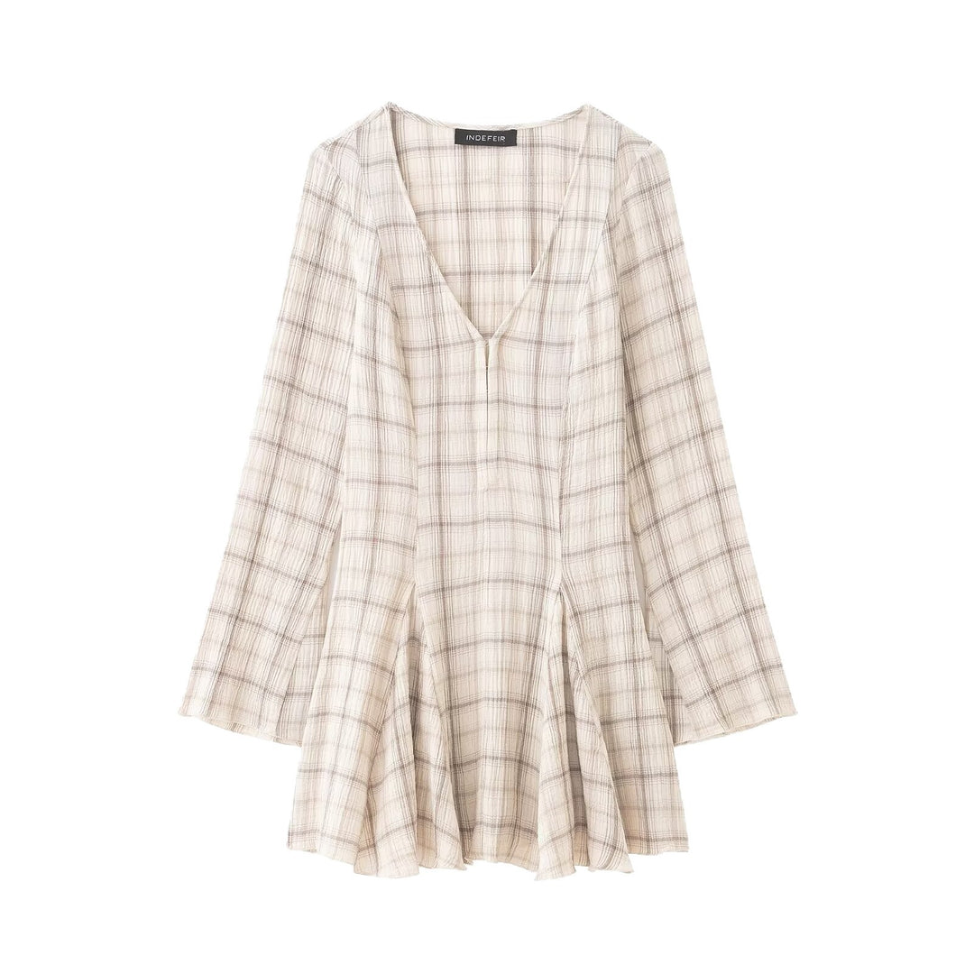 Damen Leichtes V‑Ausschnitt Midikleid mit Karomuster, tailliertem Godet‑Rock und Crinkle‑Struktur Shop Nory