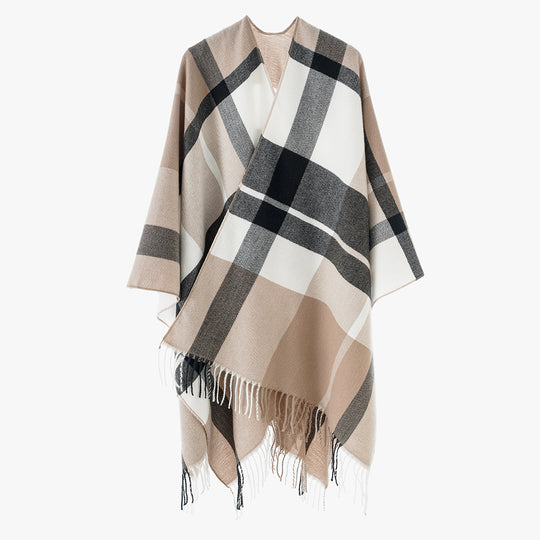 Damen Oversize-Karoponcho aus weichem Wollmix mit Fransensaum Shop Nory