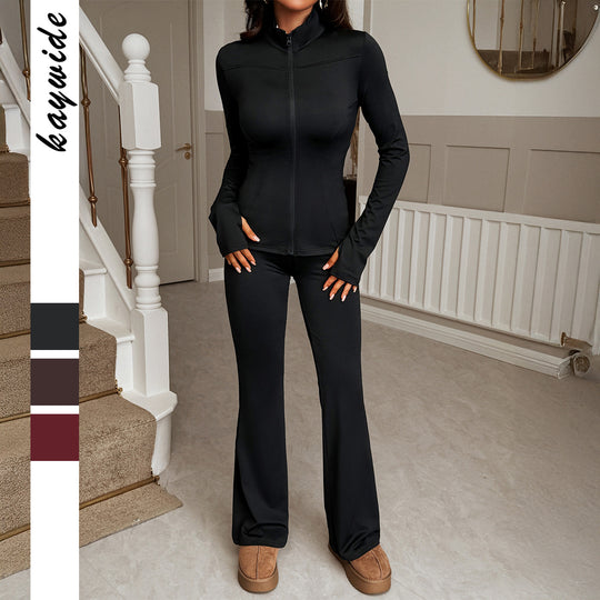 Damen nan figurbetontes Stretch-Joggingset mit taillierter Reißverschluss-Jacke und ausgestellter Schlaghose Shop Nory