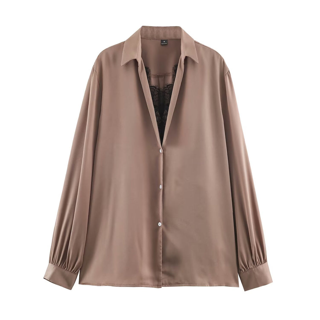 Damen Seidige Oversize-Bluse mit Spitzeneinsatz und Hemdkragen Shop Nory